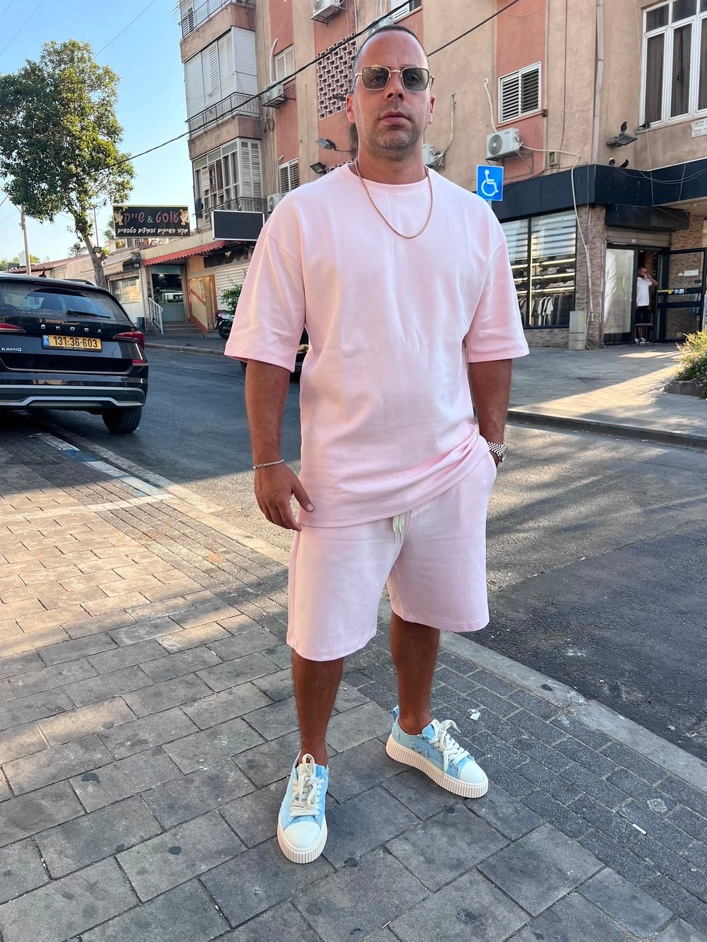חליפת כותנה צבע ורוד בהיר